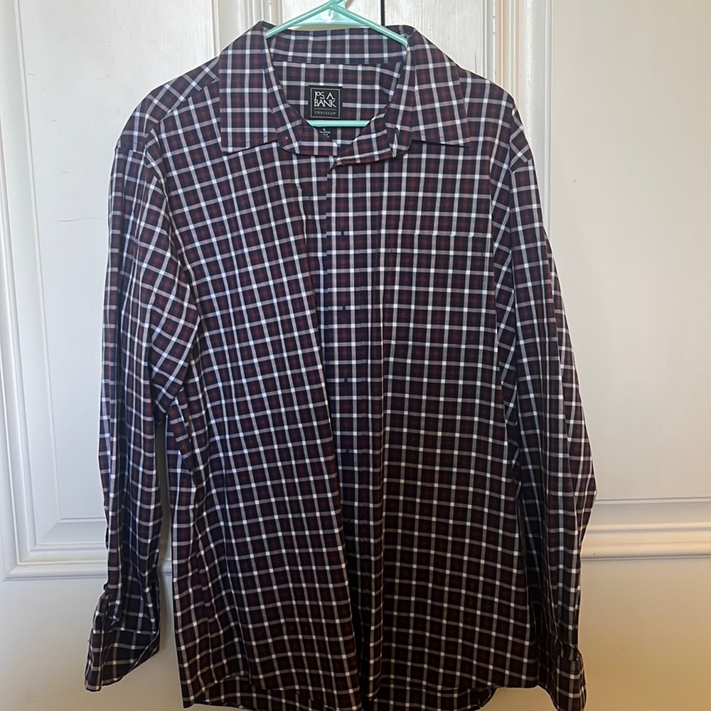 Jos. A. Bank Traveler. Maroon, navy and white pattern. Long sleeve dress shirt.